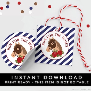 Instant Download Kentucky Derby Run for the Roses Horse Race Tag Printable, Navy Derby Red Roses Cookie Tag or Favor Tag, #166DID VIP