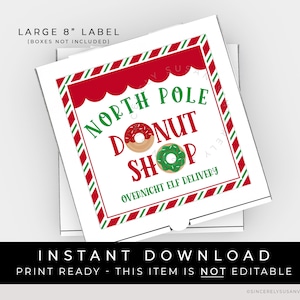 Étiquette de boîte à pizza de Noël 20 cm North Pole Donut Shop à téléchargement immédiat, boîte de Kit de biscuits donut de Noël imprimable, livraison elfe #206LGID VIP