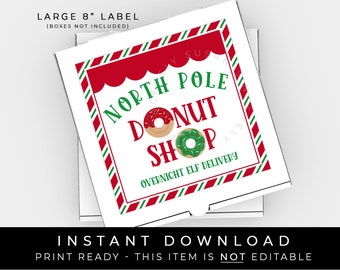 Instant Download 8 inch North Pole Donut Shop Christmas Pizza Box Label, Christmas Donut Cookie Kit Box Printable, Elf Delivery #206LGID VIP