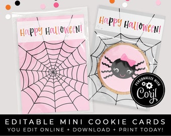 CUSTOMIZABLE Pink Halloween Spider Cookie Cards, Happy Halloween Printable Spooky Spider Web Personalized Cookie Packaging, Corjl #157 VIP