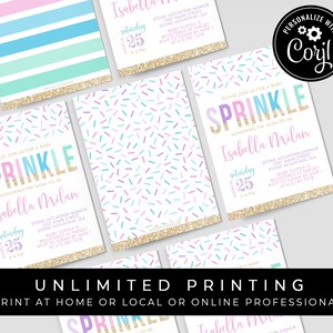 May include: A set of printable baby shower invitations with a sprinkle theme. The invitations are pink, blue, and green with gold glitter accents. The text on the invitations reads "Please join us for a baby sprinkle honoring the mom-to-be Isabella Milan".