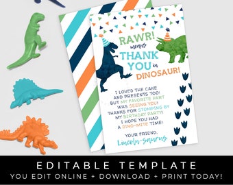 Dinosaurier-Geburtstags-Dankeschön-Karte - Junge-Party druckbare Dankeschön-Anmerkung T-Rex Dino Rawr Bearbeitbare Sofortige Digitale Vorlage Download Corjl #047TY