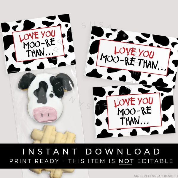 Descarga instantánea Te amo más que topper de bolsa de vaca imprimible, topper de mini galleta con estampado de vaca, topper de bolsa de regalo de San Valentín, #239AID VIP