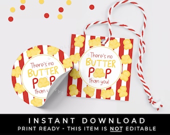 Instant Download Popcorn No Butter Pop Father's Day Cookie Tag Printable, Dad Popcorn Gift Tag, #292AID VIP