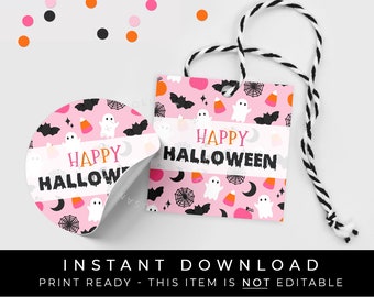 Instant Download Happy Halloween Cookie Tag Printable, Pink Halloween Spooky Trick or Treat Tag, #179HID VIP