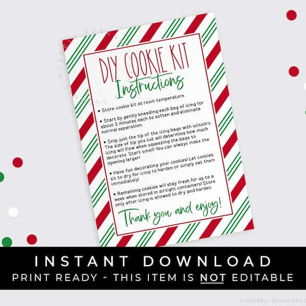 Instant Download Christmas DIY Cookie Kit Instructions Printable Card, Holiday Stripes Cookie Decorating Kit Directions 3.5 x 5" #196AID VIP