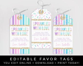 Baby Sprinkle Shower Party Favor Thank You Tag Girl Sprinkled With Love Printable Sprinkles Confetti Editable Template Download, Corjl #014