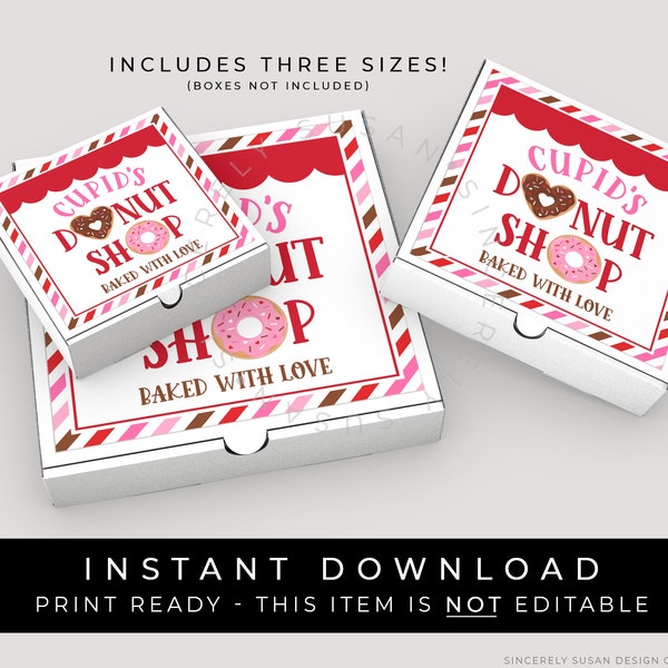Instant Download Valentine Mini Donut Cookie Label, Cupid's Donut Shop Baked With Love Pizza Box Sticker Cookie Tag Printable, #221AID VIP
