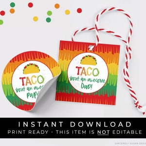 Download instantâneo TACO Bout an Awesome Dad Papá Tag, Taco Father's Day Gift Tag, Spanish Piñata Fiesta Cookie Tag imprimível, #133FDAID VIP