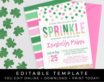 Shamrock Baby Sprinkle Invitation Girl St Patricks Day Baby Shower Clover Confetti Pink Editable Instant Download Template Invite Corjl #054