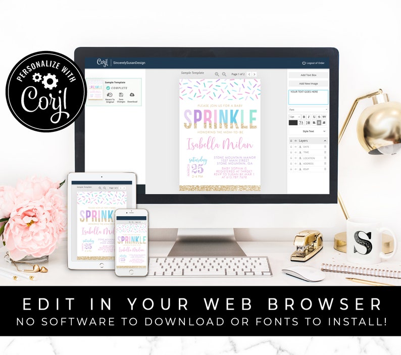 May include: A computer screen displaying a customizable baby shower invitation template with a rainbow sprinkle design and the text "PLEASE JOIN US FOR A BABY SPRINKLE HOSTING THE MOM-TO-BE Isabella Milan Saturday, 25". The screen is on a desk with a tablet and a smartphone displaying the same invitation template.