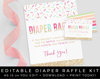 Streusel Windel Verlosung Zeichen & Ticket Insert Karte für Einladung Mädchen Baby Shower Spiel Bearbeitbare druckbare Vorlage Download, Corjl #044