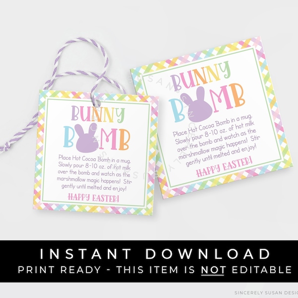 Instant Download Easter Bunny Bomb Tag Printable, Spring Hot Cocoa Bomb Directions, Hot Chocolate Bomb Square Tag Label, #256DID VIP