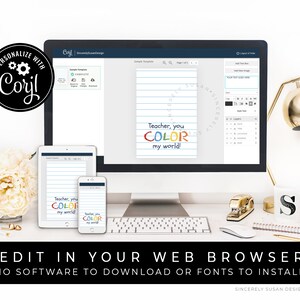 May include: A computer screen displaying a web browser with a design template for a printable card that says "Teacher, you color my world!" The card is on a lined background with colorful text. The screen is on a desk with a keyboard, a stapler, a mug, and a notebook.