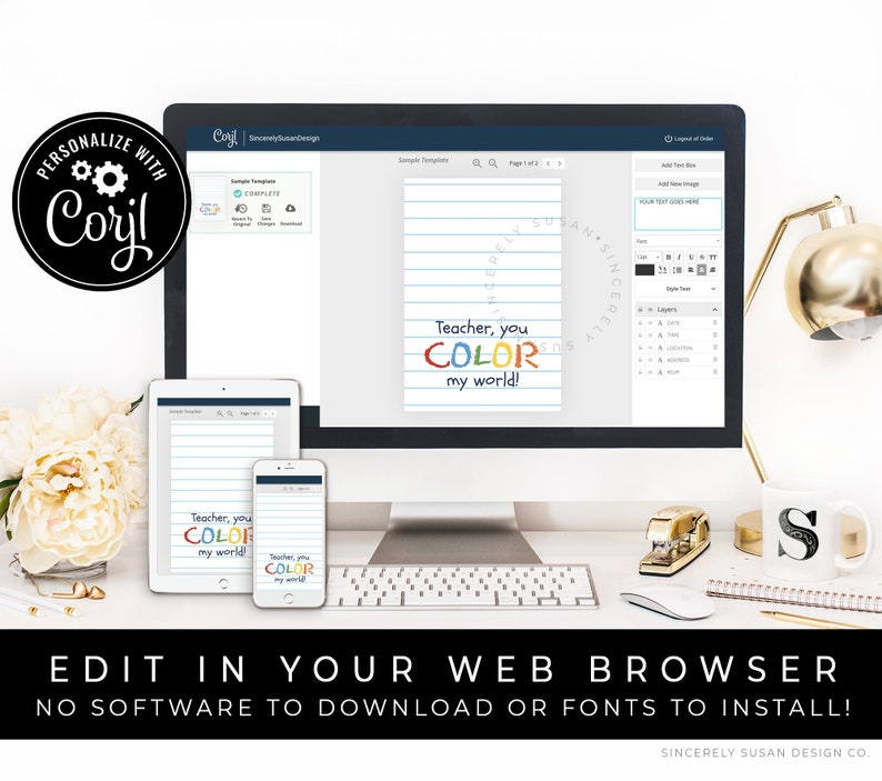 May include: A computer screen displaying a web browser with a design template for a printable card that says "Teacher, you color my world!" The card is on a lined background with colorful text. The screen is on a desk with a keyboard, a stapler, a mug, and a notebook.