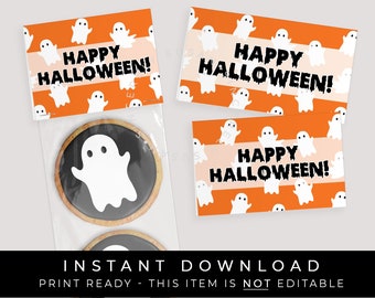 Instant Download Ghost Halloween Bag Topper, Orange Black Happy Halloween Ghost Boo Printable Mini Cookie Bag Topper, #156OID VIP