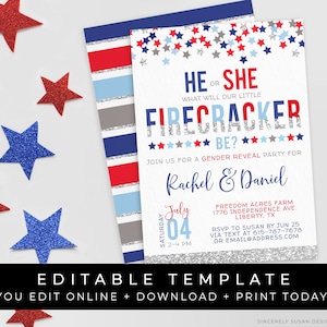 Firecracker Baby Gender Reveal Invitation 4th of July He or She Reveal Party Stars Confetti Editable Printable Template Download Corjl #033D
