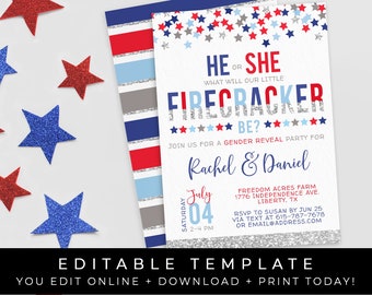 Firecracker Baby Gender Reveal Invitation 4th of July He or She Reveal Party Stars Confetti Editable Printable Template Download Corjl #033D