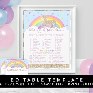 Unicorn Name Game Sign & Tags Birthday Party Printable Activity Magical Unicorn Rainbow Party Editable Instant Template Download Corjl #018