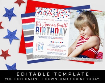 4. Juli Geburtstagseinladung Little Firecracker Patriotische Sterne Rot, Weiß & Blau Bearbeitbare Fotovorlage Download Printable, Corjl #065B