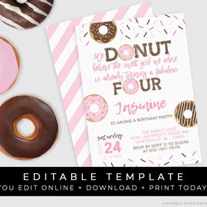 Donut Birthday Invitation Sprinkles 4th Birthday Girl is FOUR Pink Donuts Party Printable Editable Instant Template Download, Corjl #004D