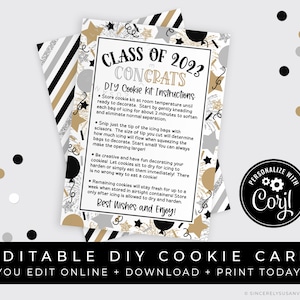 CUSTOMIZABLE Graduation DIY Cookie Kit Instructions Printable Card, Editable Class of 2022 Graduate Gift Sugar Cookie Decorating, #263 VIP