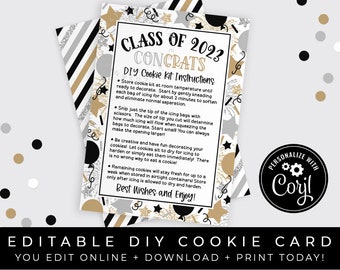 CUSTOMIZABLE Graduation DIY Cookie Kit Instructions Printable Card, Editable Class of 2022 Graduate Gift Sugar Cookie Decorating, #263 VIP