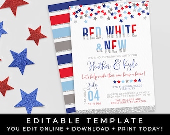 Patriotic Housewarming Invitation New Home 4th of July Printable Invitation Just Moved Military PCS Editable Template Download, Corjl #060