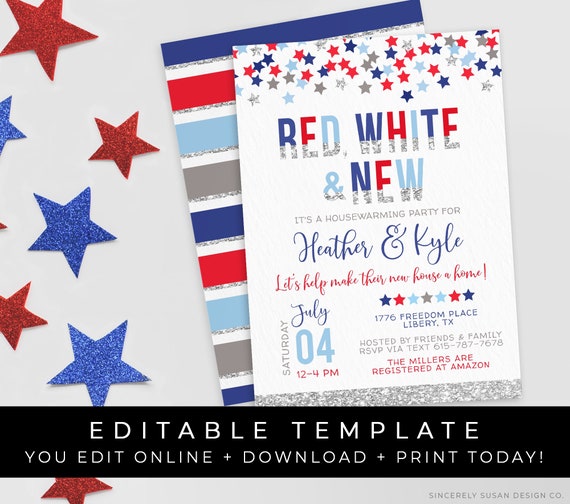 Patriotic Housewarming Invitation New Home 4th of July Printable Invitation Just Moved Military PCS Editable Template Download Corjl #060