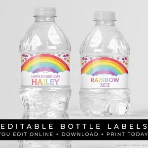 Editable Rainbow Birthday Water Bottle Labels, Printable Rainbow Hearts Party Personalized Decorations Digital Template Download, Corjl #016