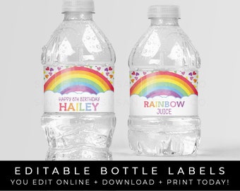 Könnte beinhalten: Bearbeitbare Wasserflaschenetiketten mit einem Regenbogen-Design und Herzen. Die Etiketten lauten "Happy 8th Birthday Hailey" und "Rainbow Juice".