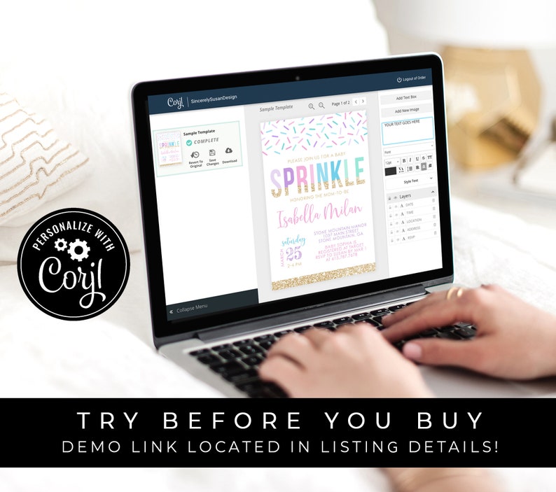 May include: A laptop screen displaying a customizable baby shower invitation template with a pink, blue, and gold color scheme. The invitation features a sprinkle design and the text "Please join us for a baby sprinkle honoring the mama to be" and "Isabella Milan".