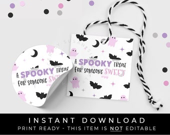 Instant Download Pastel Pink Purple Halloween Tag, Printable Cookie Tag Spooky Treat for Someone Sweet Bat Ghost Moon Star, #175AID VIP