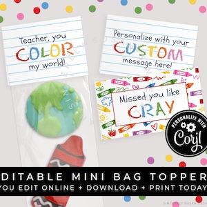 CUSTOMIZABLE Crayons Back to School Printable Bag Toppers, BTS Missed You Teacher Gift, First Day of School Cookie Packaging, Corjl #115 VIP