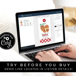 May include: A laptop screen displaying a printable pizza-themed gift tag template with the text "Grazie! Thanks for being a pizza my special day! Love, Skylar". The template is designed with a red and white checkered background and a heart-shaped pizza with toppings.