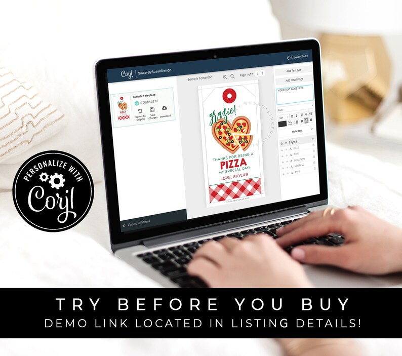 May include: A laptop screen displaying a printable pizza-themed gift tag template with the text "Grazie! Thanks for being a pizza my special day! Love, Skylar". The template is designed with a red and white checkered background and a heart-shaped pizza with toppings.