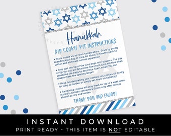Instant Download Hanukkah DIY Cookie Kit Instructions Printable Card, Star of David Cookie Decorating Kit Directions 3.5 x 5" #207AID VIP