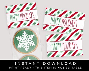 Instant Download Happy Holidays Bag Topper, Printable Christmas Mini Cookies Toppers, Holiday Candy Cane Stripe Gift Treat Bag, #196AID VIP