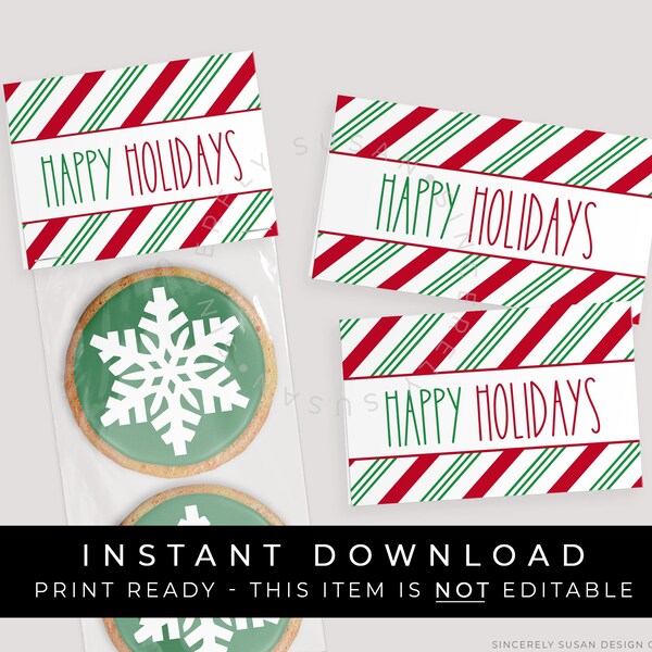 Instant Download Happy Holidays Bag Topper, Printable Christmas Mini Cookies Toppers, Holiday Candy Cane Stripe Gift Treat Bag, #196AID VIP