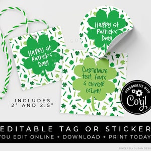 CUSTOMIZABLE Happy St. Patrick's Day Cookie Tag Printable, Shamrock Sprinkles Lucky 4 Leaf Clover Editable Sticker Gift Tag, Corjl 242 VIP image 1