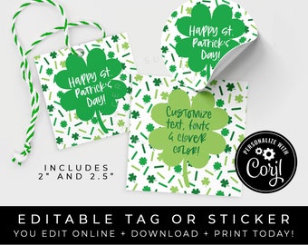 CUSTOMIZABLE Happy St. Patrick's Day Cookie Tag Printable, Shamrock Sprinkles Lucky 4 Leaf Clover Editable Sticker Gift Tag, Corjl #242 VIP