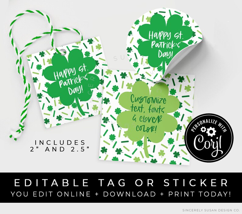 CUSTOMIZABLE Happy St. Patrick's Day Cookie Tag Printable, Shamrock Sprinkles Lucky 4 Leaf Clover Editable Sticker Gift Tag, Corjl 242 VIP image 1