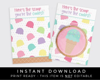 Instant Download Ice Cream Cookie Card Printable, Here's The Scoop Mini Ice Cream Waffle Cone Cookie Backer, You're The Coolest, #277AID VIP