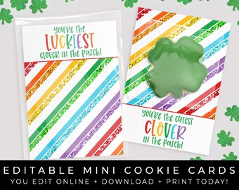 CUSTOMIZABLE Rainbow Mini Cookie Cards, Lucky Clover St. Patrick's Day Cookie Packaging 3.5 x 5" Backer Printable Download, Corjl #103B VIP