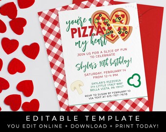 Valentine Pizza Party Invitation, Pizza Birthday Party Theme, Pizza My Heart Printable Invitation, Editable Template Download, Corjl 098B