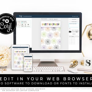 May include: A computer screen displaying a web browser with a design template for a Halloween card. The card features a black and white spiderweb pattern with colorful accents. The text "Happy Halloween!" is displayed on the card. The screen also shows a text box labeled "Your Text Goes Here".