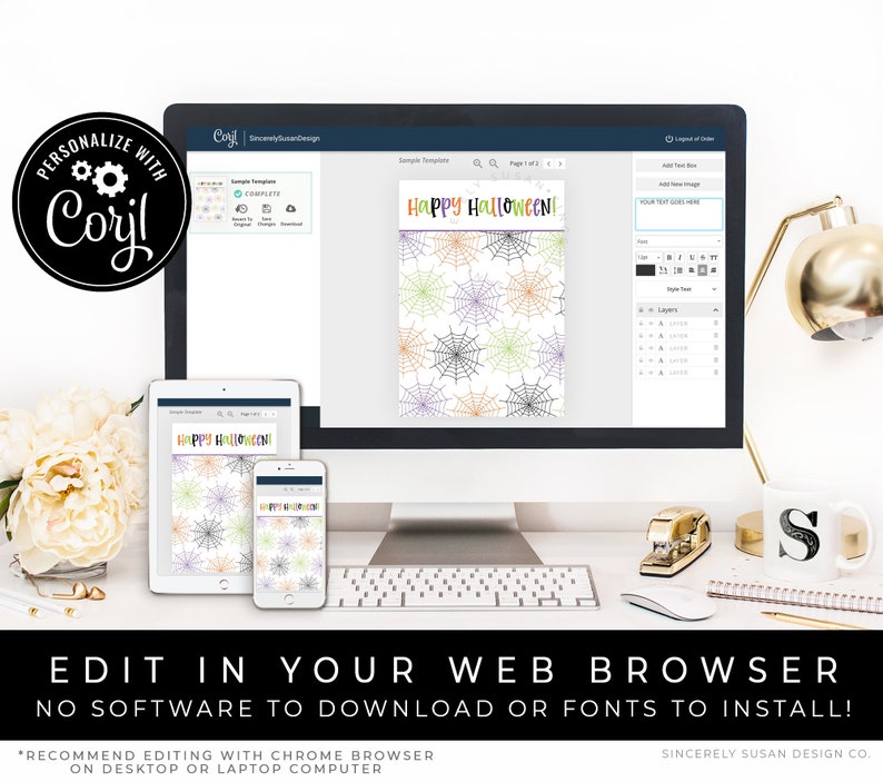 May include: A computer screen displaying a web browser with a design template for a Halloween card. The card features a black and white spiderweb pattern with colorful accents. The text "Happy Halloween!" is displayed on the card. The screen also shows a text box labeled "Your Text Goes Here".