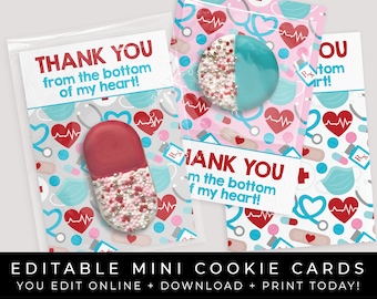 CUSTOMIZABLE Medical Appreciation Mini Cookie Cards, Printable Doctor Nurse Thank You Cookie Packaging 3.5 x 5", Download, Corjl #107 VIP