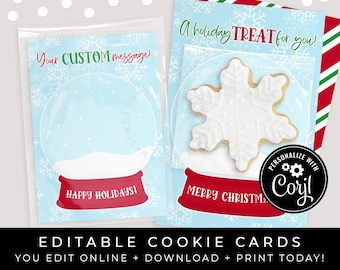 CUSTOMIZABLE Snowglobe Christmas Cookie Cards, Happy Holidays Merry Christmas Printable Card Personalized Cookie Packaging, Corjl #189 VIP