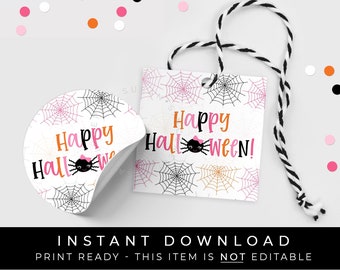 すぐにダウンロードできるハッピーハロウィン スパイダーウェブ タグ、印刷可能なピンクのハロウィン クッキー タグ、Itsy Bitsy Spider トリート バッグ ギフト タグ、#158ID VIP